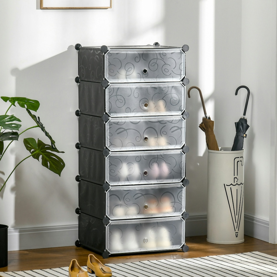 image 1 of HOMCOM 6 Tier Shoe Rack Plastic Storage Cabinet Modular Shoe Tower Black Black