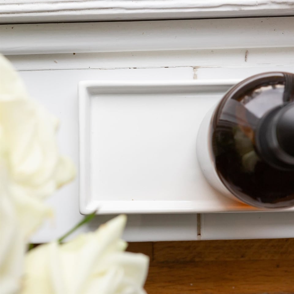 image 1 of Harbour Housewares 2pc Glass Soap Dispenser Set with Ceramic Tray & Labels - 500ml - Amber/White