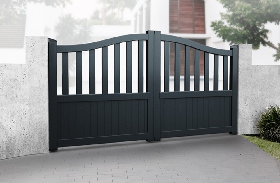 image 1 of Double Swing Gate 3750x2200mm Black - Partial Privacy Driveway Gate with Vertical Solid Infill and Bell-Curved Top | Black | 1