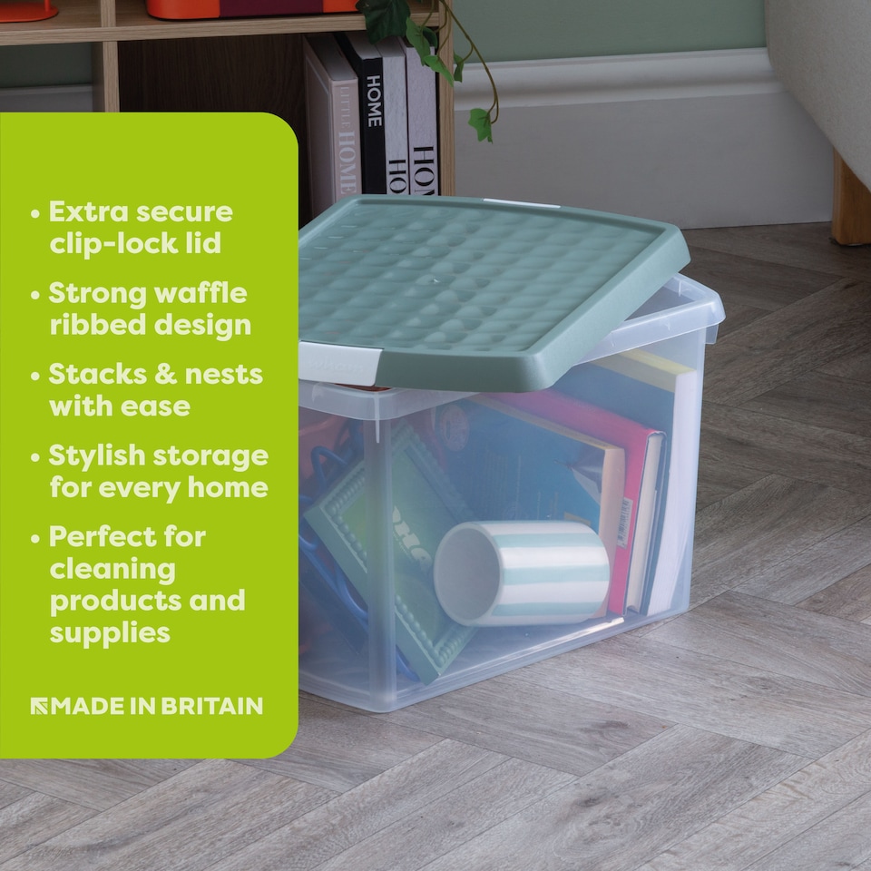 image 1 of Wham Clip 5x 21.5L Rectangular Plastic Storage Boxes with Clip Lock Lids. Ideal for Home, Office, Toys & More - Clear/Green Milieu | Green | Green Milleu | 5