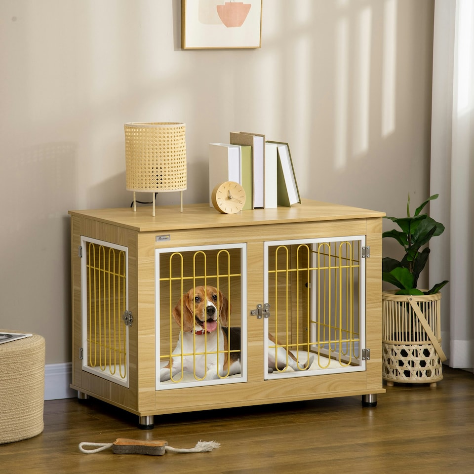 image 1 of PawHut Dog Crate Furniture End Table w/ Soft Cushion, Double Door - Oak Tone
