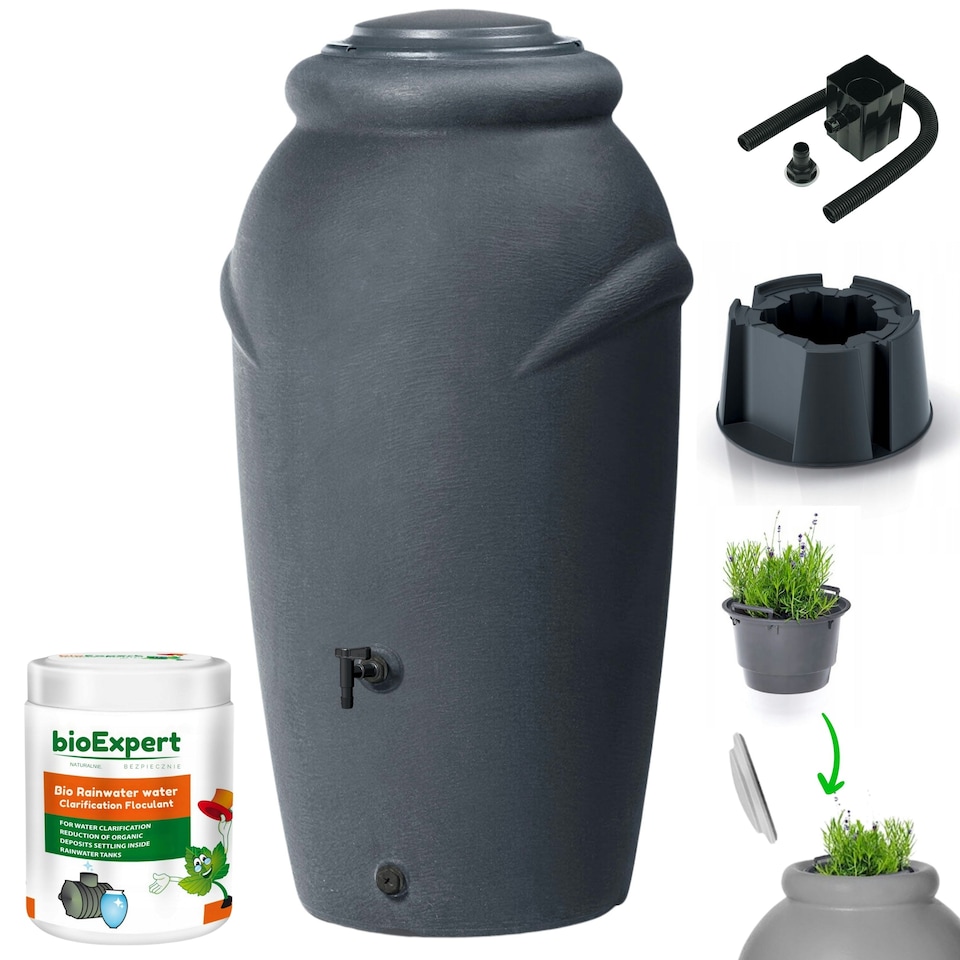 image 1 of Water Butt Kit with Tap, Diverter & Bio Cleaner –  Rainwater Collector for Garden, Balcony & Terrace – Durable Plastic Water Storage Tank | Grey | 350L