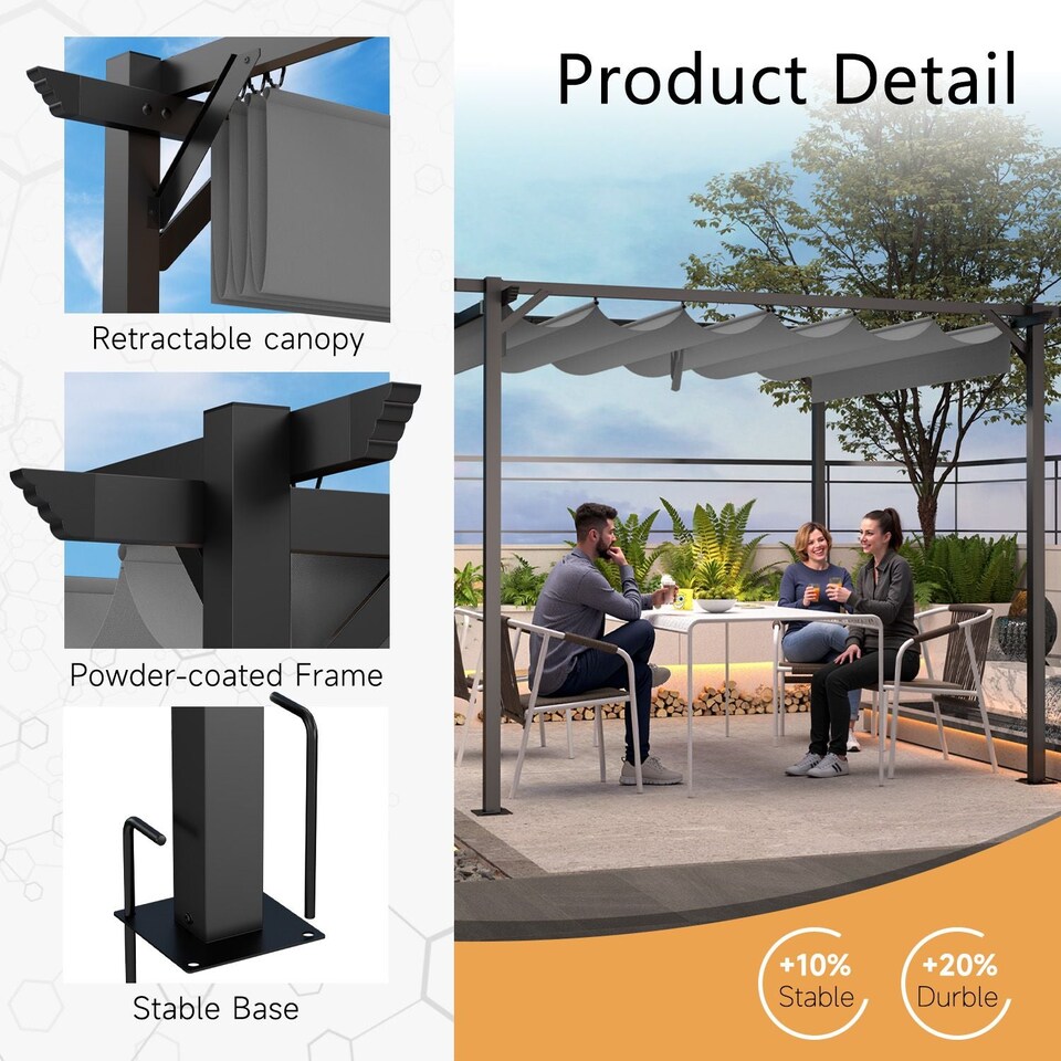 image 1 of Rattantree Outdoor Retractable Pergola Gazebo Metal Canopy 8ft x 8ft