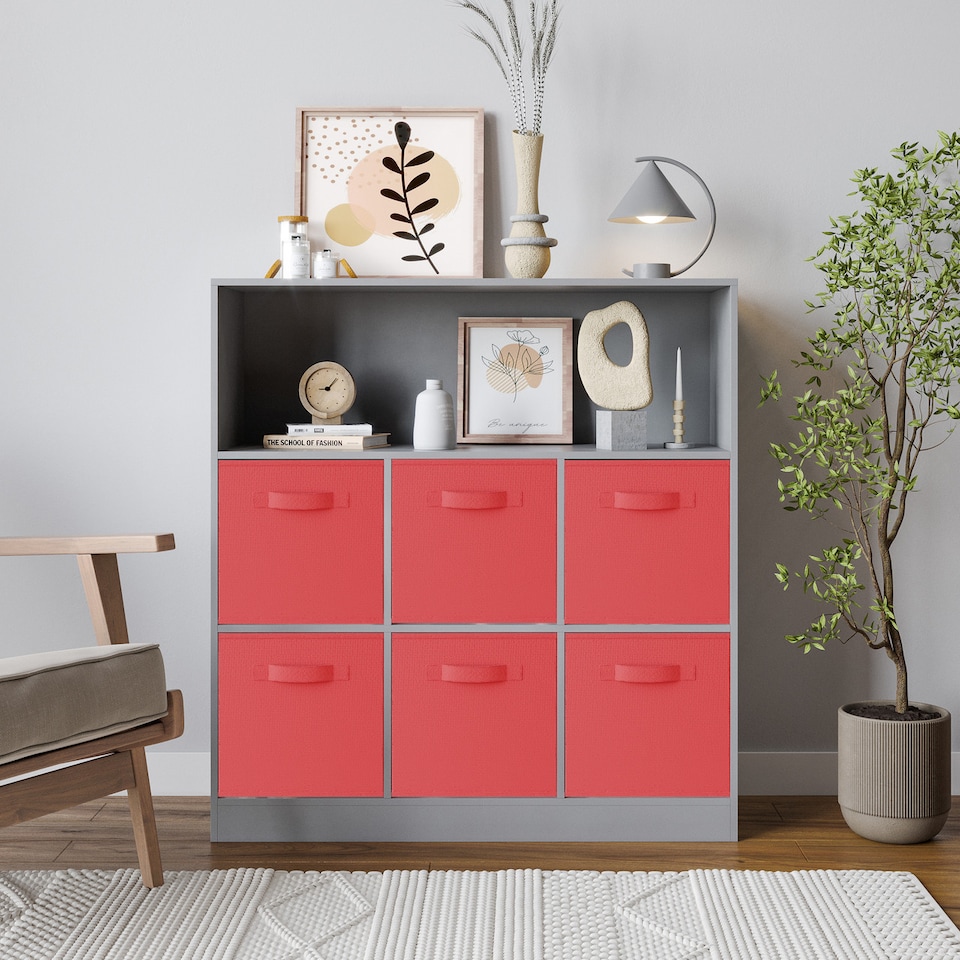 image 1 of Wide 7-Cube Bookcase With Drawers | Grey | Grey & Red | 1