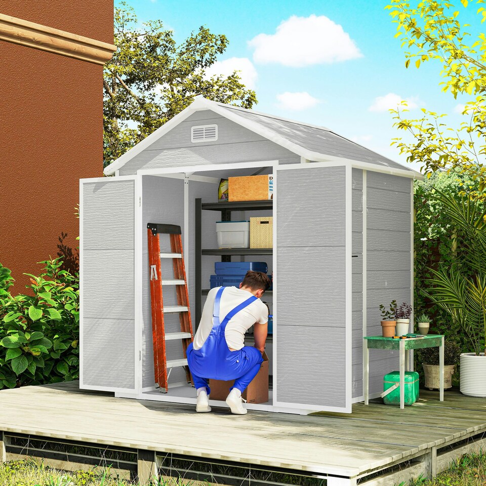 image 1 of Outsunny 6 x 5ft Resin Garden Shed with Floor and Window, Light Grey