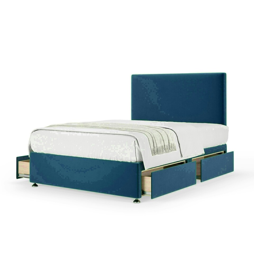 Marine Blue Plush Velvet 4 Drawer Divan Base and Valencia Headboard King Size