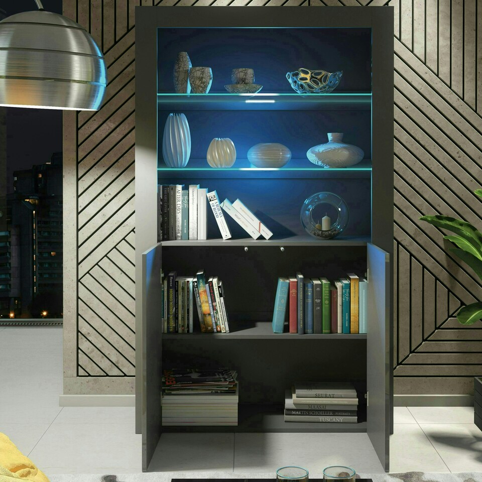 image 1 of Display Cabinet 100cm Grey Gloss Doors Dark Matt Body Free LED Grey
