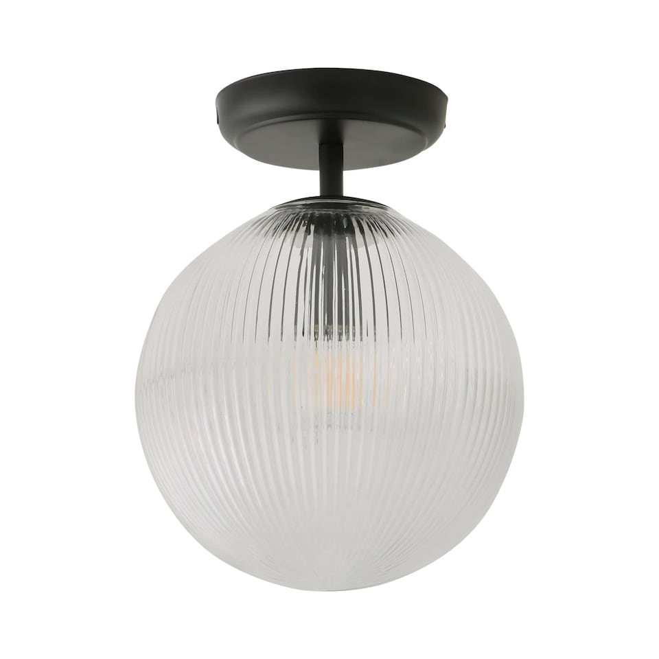 image 1 of ValueLights Kempton Black Flush Ceiling Light Ribbed Globe Shade | Black