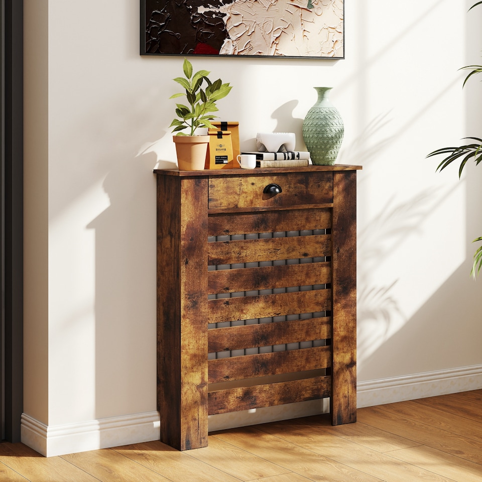 image 1 of HOMCOM Radiator Cover with Drawer, Horizontal Slat, 78cm | Brown | Rustic Brown | 78W x 19D x 95.5H cm