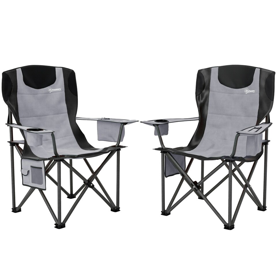 image 1 of Outsunny Set of 2 Padded Folding Picnic Chairs with Cooler Bag Grey | Grey
