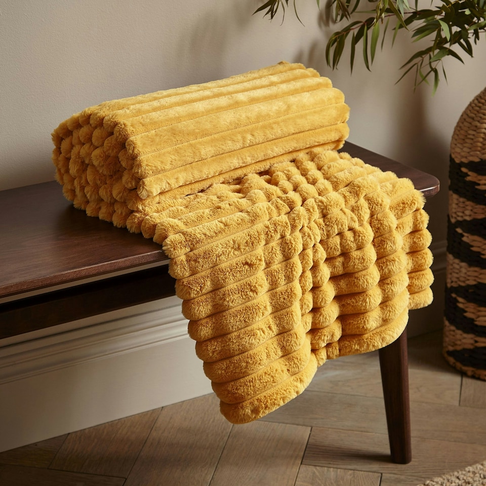 image 1 of Catherine Lansfield Cosy Ribbed Faux Fur Soft 130x170 cm Blanket Throw Mustard Yellow | Mustard