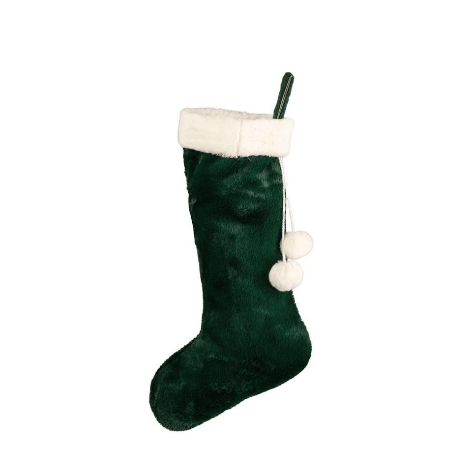 image 1 of 60cm Green Christmas Stocking with White Cuff and Pom Poms