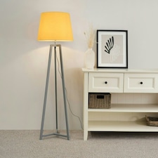 ValueLights Lottie Grey Wood Tripod Floor Lamp with Mustard Fabric Tapered Shade Yellow