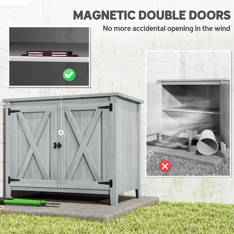 image 1 of Outsunny Wooden Garden Shed, Outdoor Fir Wood Storage Shed with Inner Shelf and 2 Doors, Compact Tool Cabinet Organiser, 110 x 60 x 88.5 cm, Light Grey