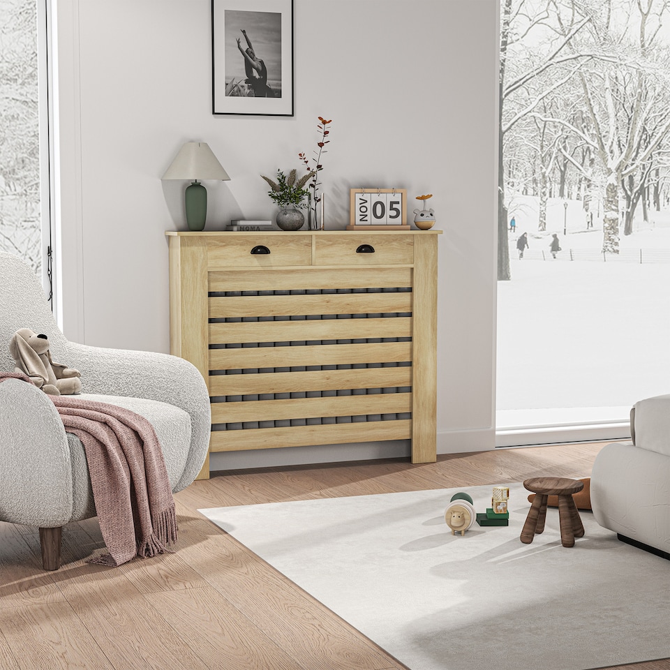 image 1 of HOMCOM Radiator Cover with Drawer, Horizontal Slat, 111cm, Oak