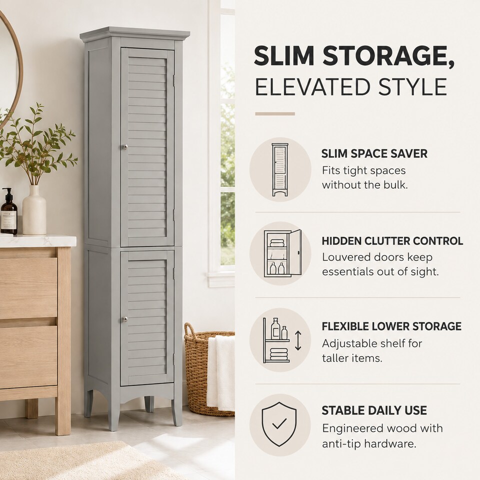 image 1 of Teamson Home Freestanding Linen Tower with Two Faux Louvered Doors, Gray, 63in