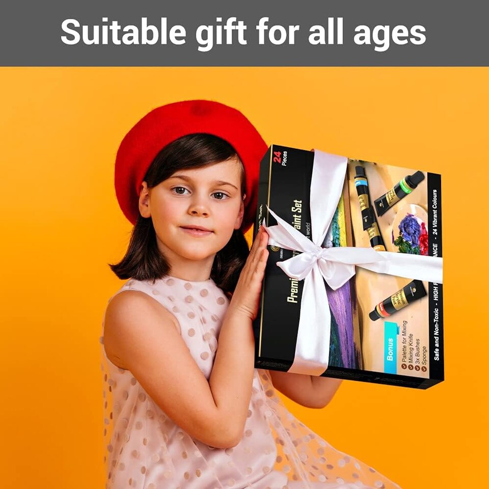 image 1 of Desire Deluxe Acrylic Paint Set School Art Supplies for Artist – 30pc Craft Kit for Rock, Wood, Ceramic, Canvas, Paper & Fabric – Include Mixing Knife, Sponge, Palette and 3 Sizes Premium Brushes