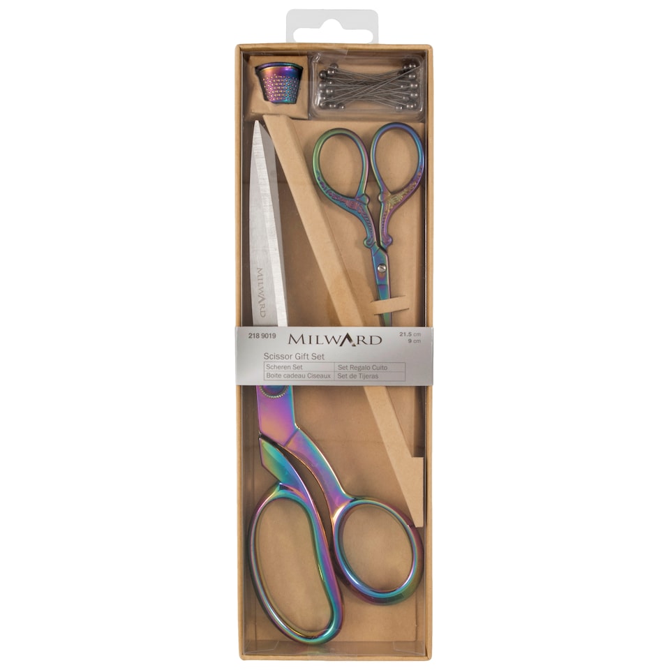 image 1 of Milward Rainbow Scissor Gift Set - 21.5cm Dressmaker's, 9.5cm Embroidery, Thimble & 25 Pins