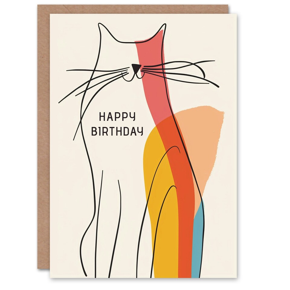 image 1 of Modern Line Drawing Cat Silhouette Colourful Birthday Card