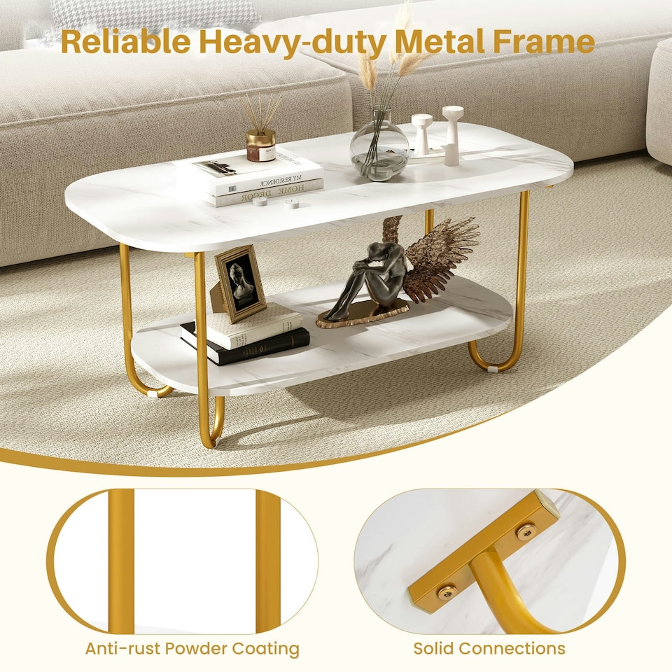 image 1 of COSTWAY Faux Marble Top Coffee Table 2-tier Tea Table White