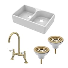 Fireclay Kitchen Sink Bundle - Double Bowl Stepped Weir Butler Sink, Wastes & Bridge Lever Tap, 795mm - Brushed Brass - Balterley