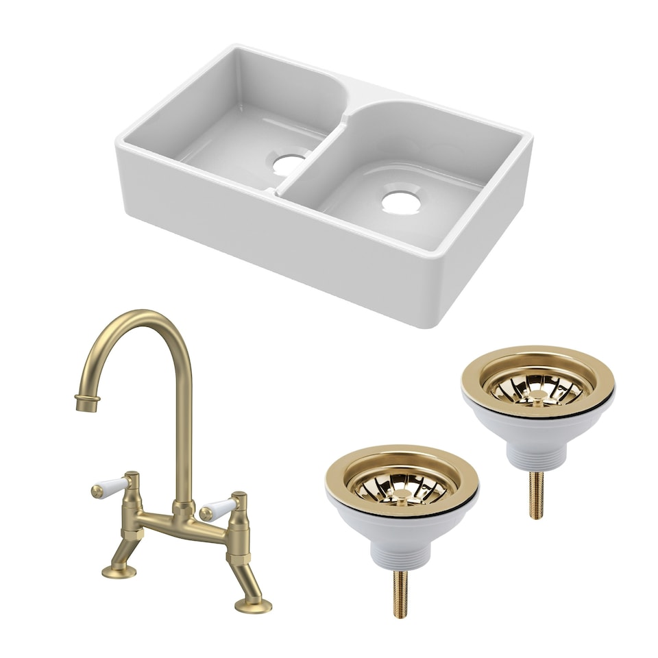 image 1 of Fireclay Kitchen Sink Bundle - Double Bowl Stepped Weir Butler Sink, Wastes & Bridge Lever Tap, 795mm - Brushed Brass - Balterley