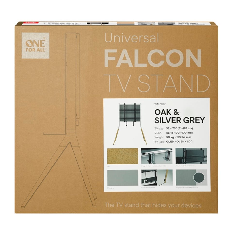 image 1 of One For All WM7482 Falcon Universal TV Stand for Screen Size 32-70" with Soundbar Holder | Multi | 1