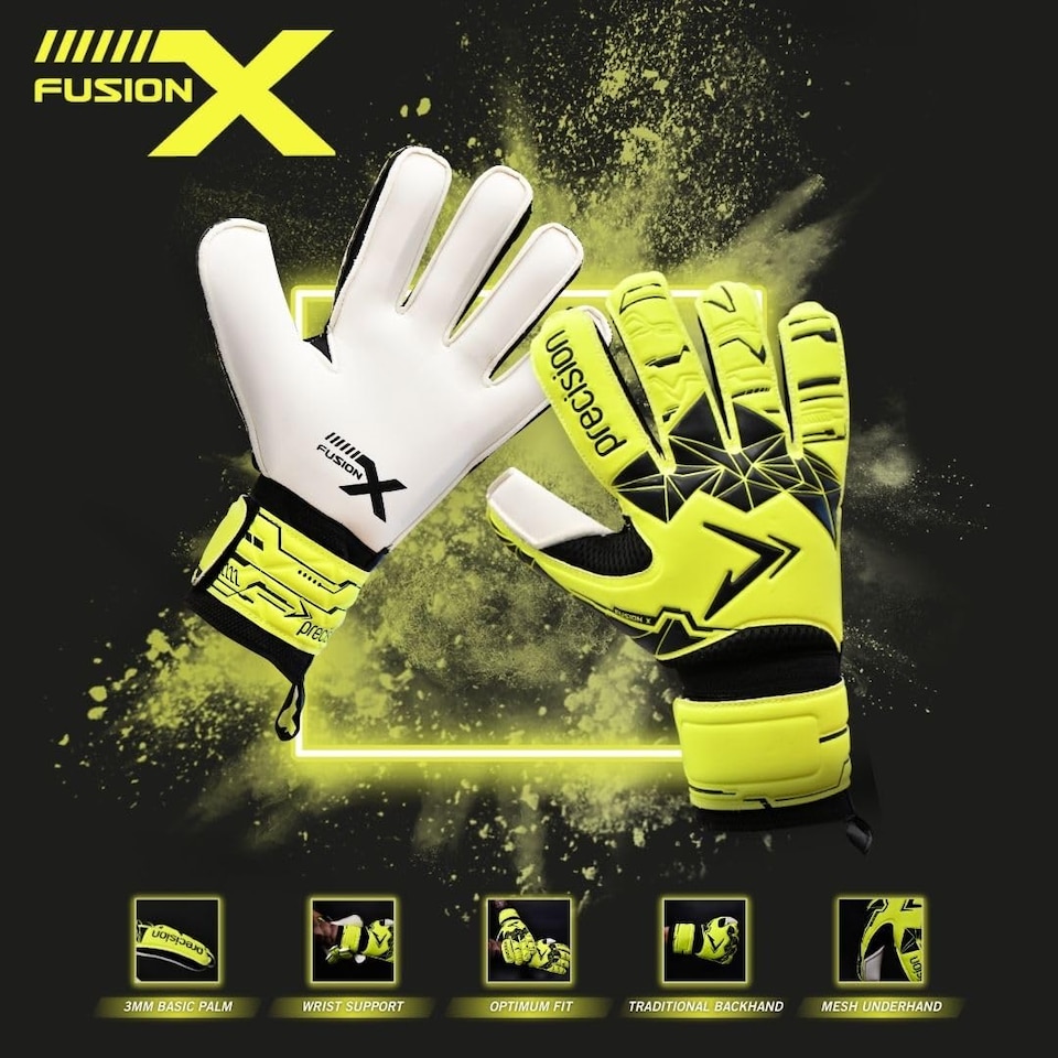 image 1 of Precision Training Fusion X Flat Cut Essential Football Kid's Goalkeeper Gloves, Fluo Yellow, 5