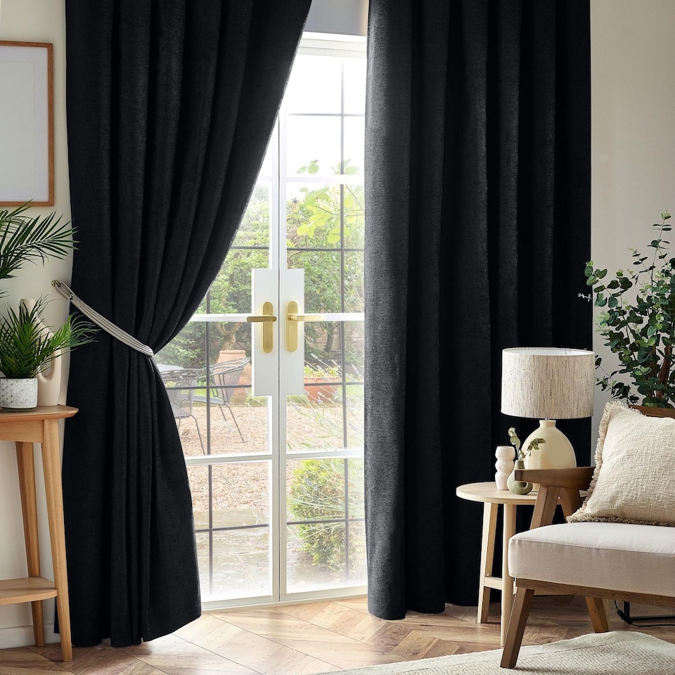 image 1 of Chenille Blackout Pencil Pleat Top Curtains 117cm x 183cm Black | Black | Black | 1