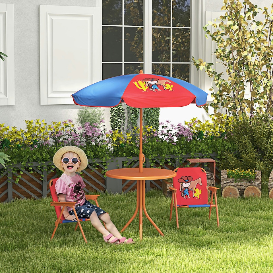 image 1 of Outsunny Kids Bistro Table and Chair Set w/ Cowboy Theme, Adjustable Parasol