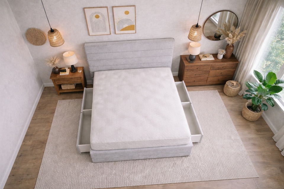 image 1 of Divan Bed Set Headboard and Footboard with Mattress 5ft Kingsize Silver Suede Storage 4 Drawers