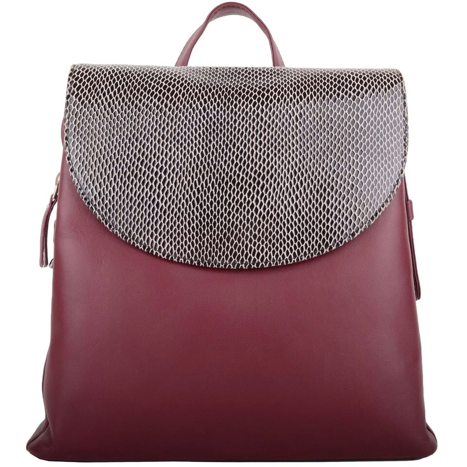 image 1 of Smooth Genuine Leather Backback Rucksack with Snakeskin Effect Flap Panel Red | Cranberry
