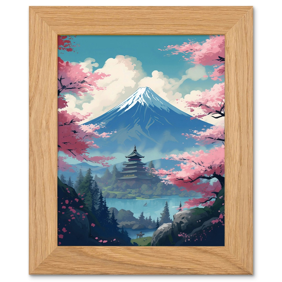 image 1 of Japanese Temple Mount Fuji Lake Cherry Blossoms Art Oak Wood Framed Wall Print