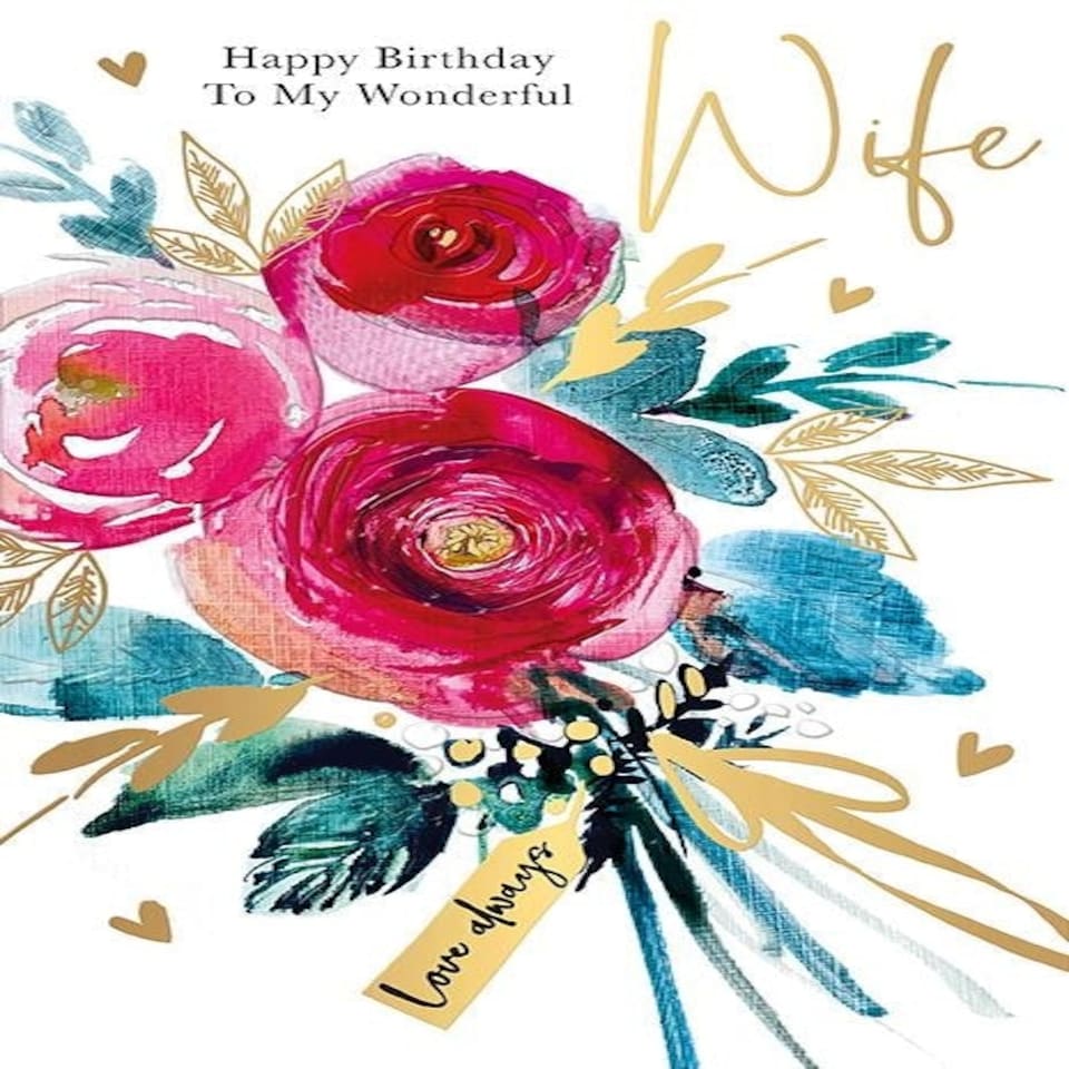 Words 'n' Wishes Wonderful Wife Large Birthday Card - Floral Bouquet Embossed with Foil Details - Eco-Friendly
