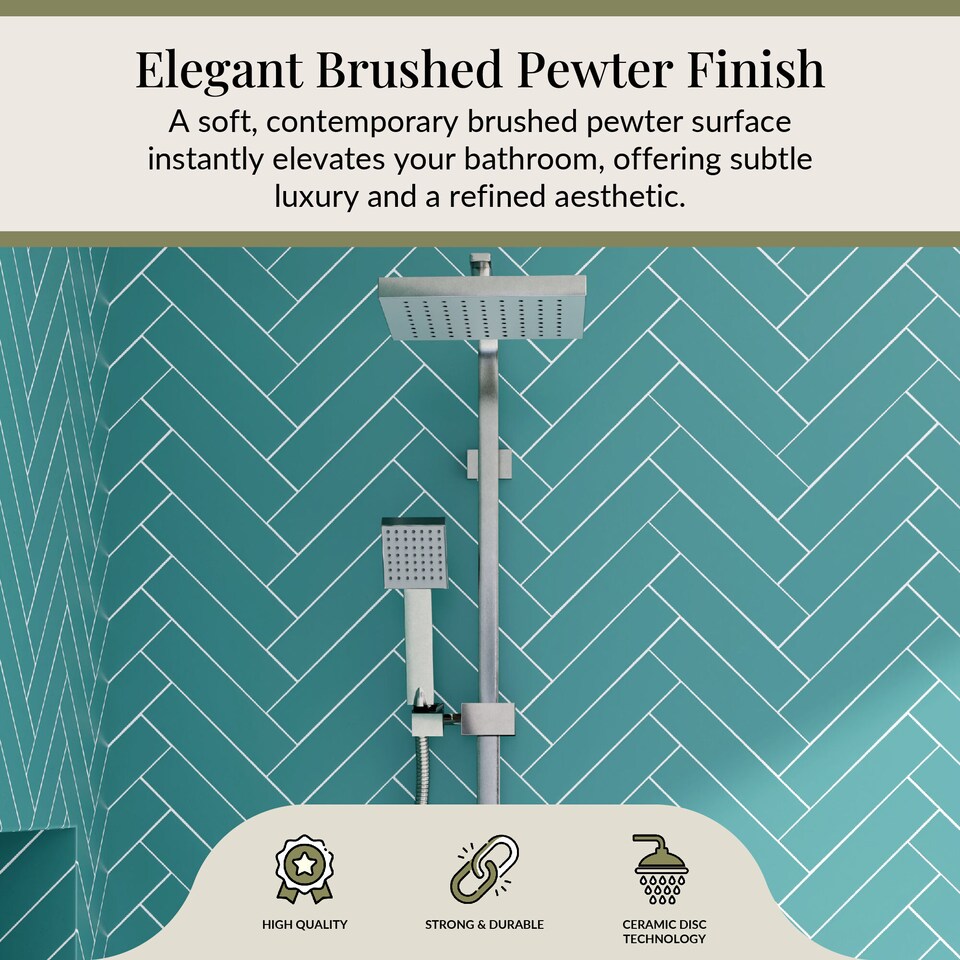 image 1 of Balterley Empire Square Thermostatic Shower Kit with Fixed Head and Adjustable Handset | Silver | Brushed Pewter | 1