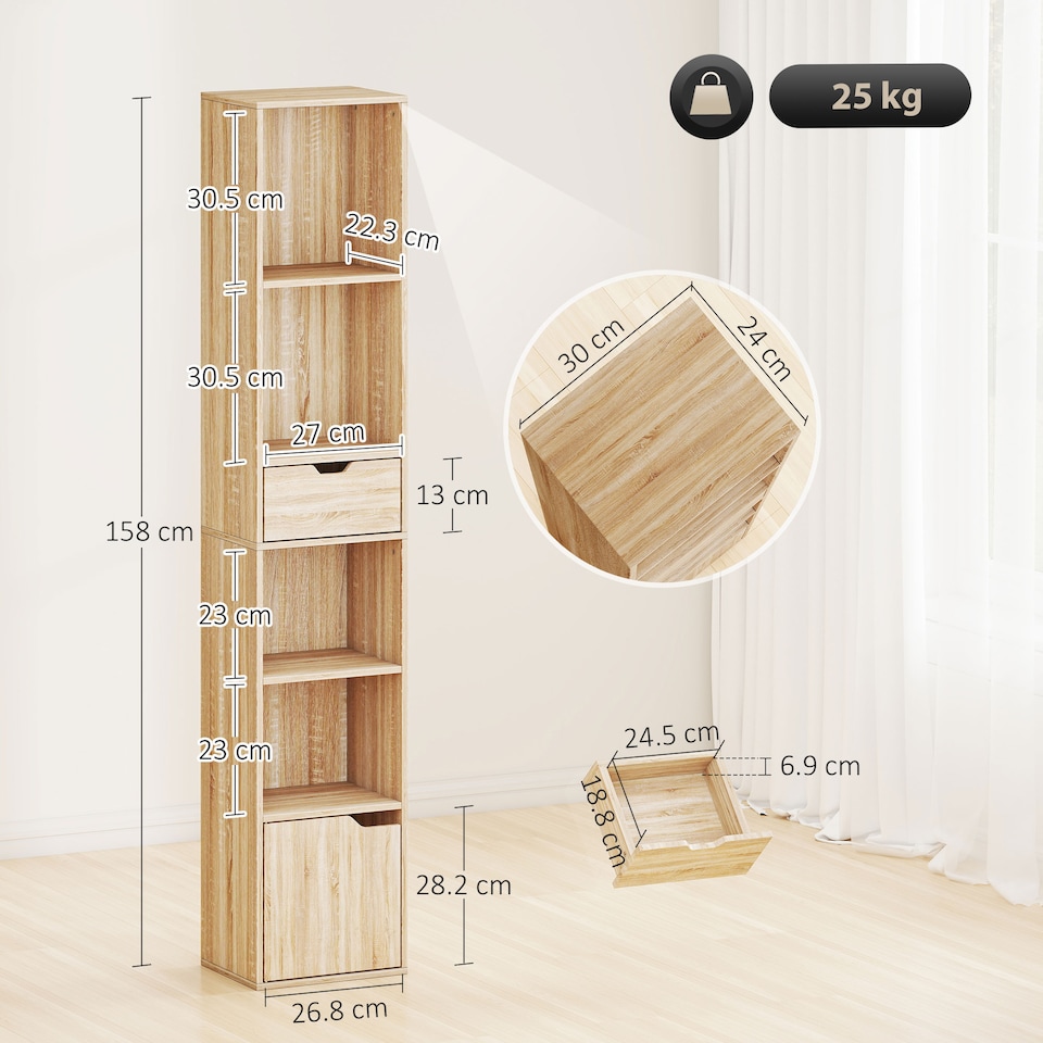 image 1 of HOMCOM Narrow Bookshelf with Drawer, Tall Bookcase for Living Room, Natural