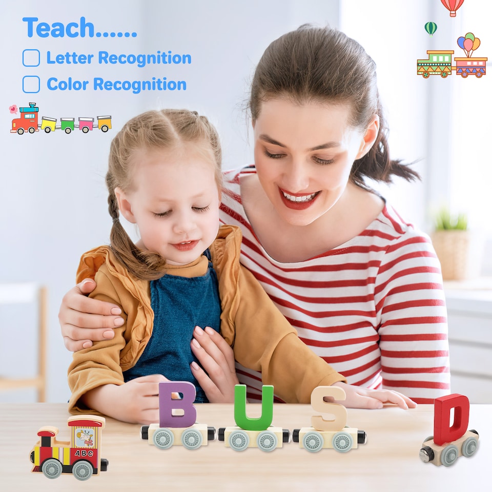 image 1 of A to Z Wooden Alphabet Train Set for Toddlers