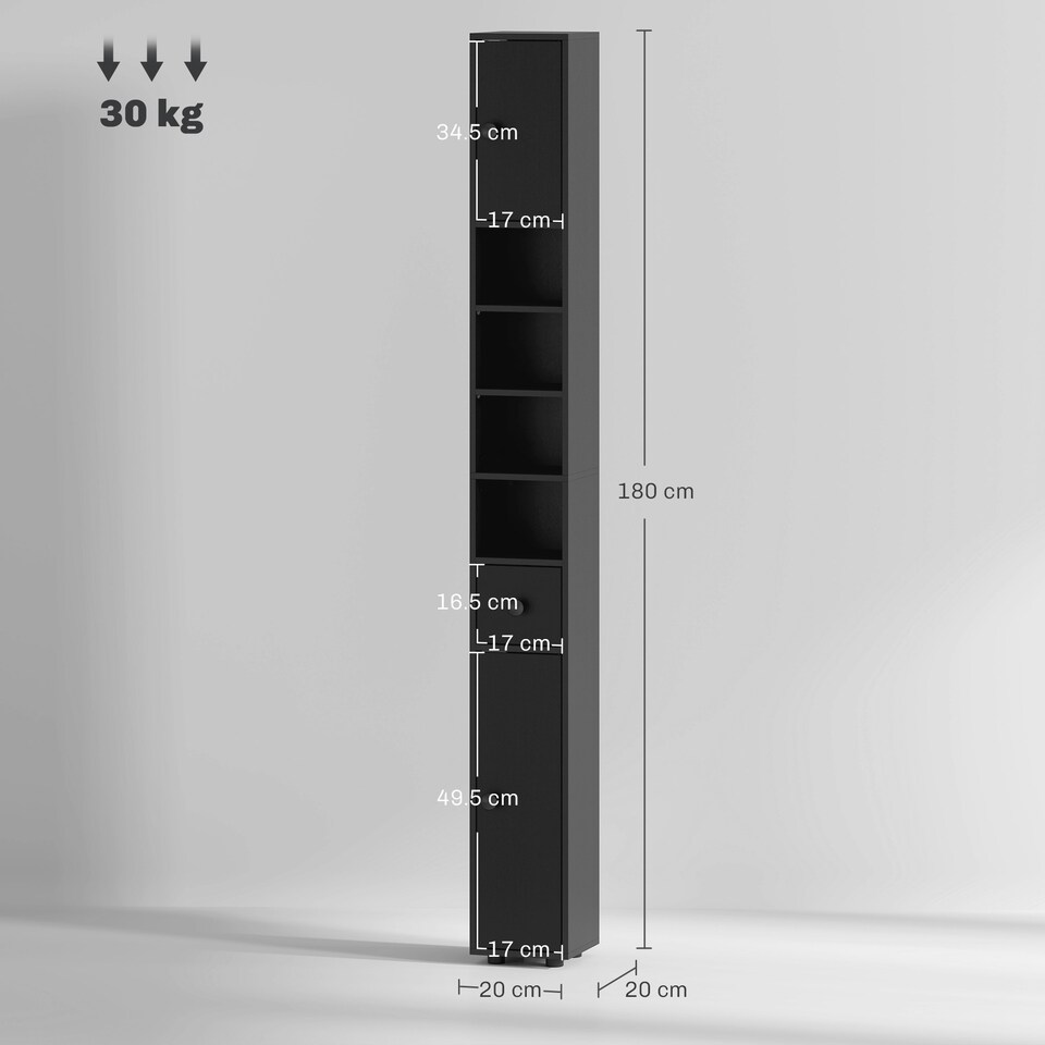 image 1 of kleankin Slim Bathroom Cabinet, Toilet Roll Storage w/ Open Shelves, Black | Black | 20W x 20D x 180H cm