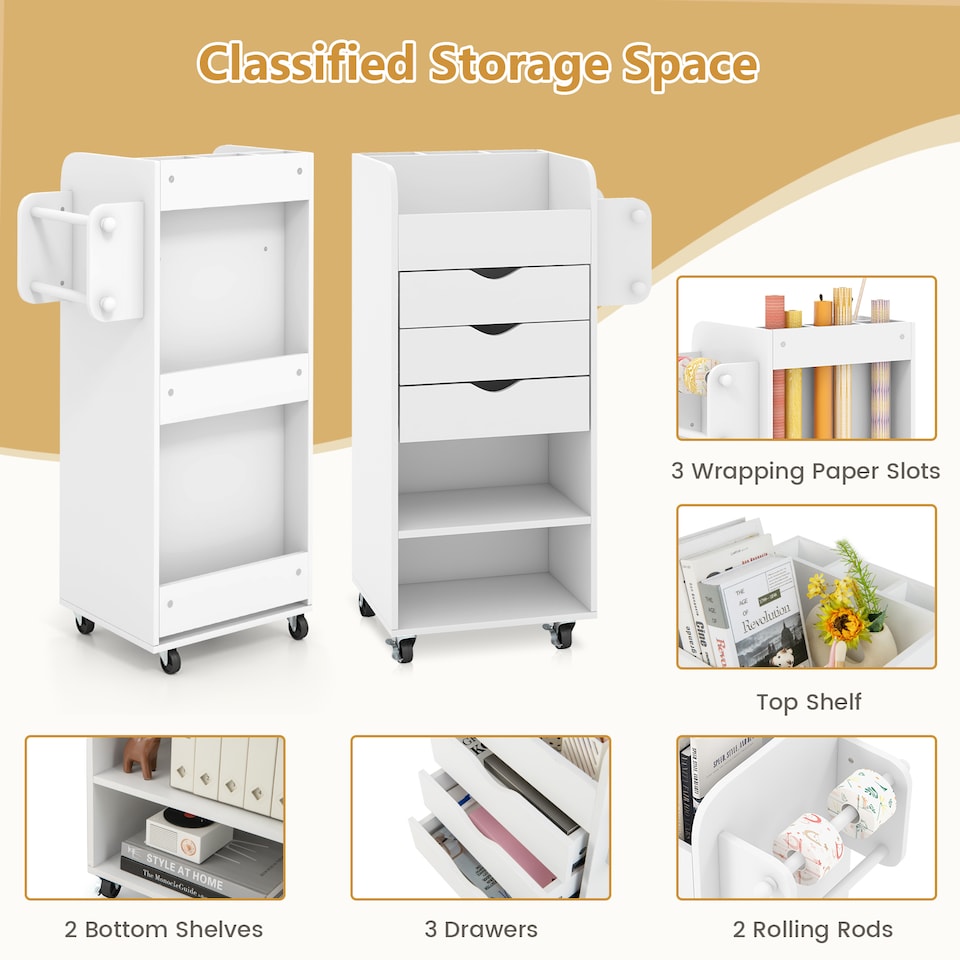 image 1 of COSTWAY Rolling Storage Cart Mobile Storage Cabinet White