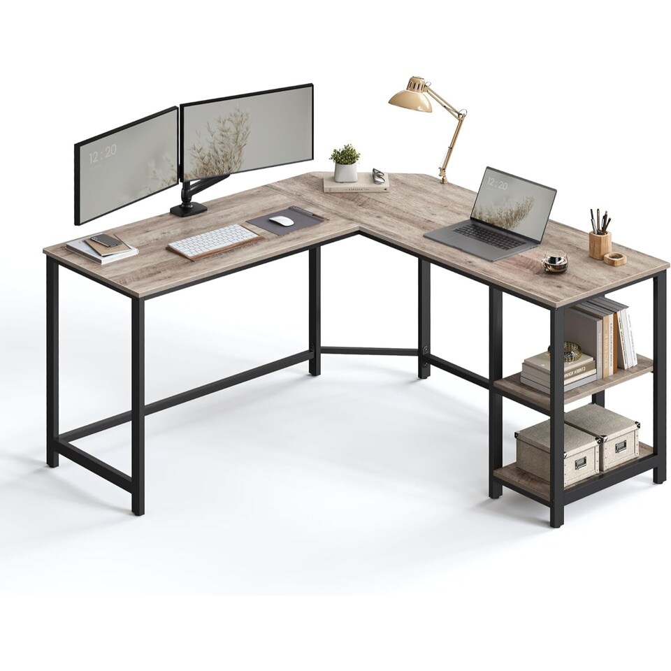 image 1 of Corner Office L-Shaped Computer Desk with Storage Shelves, Greige and Black