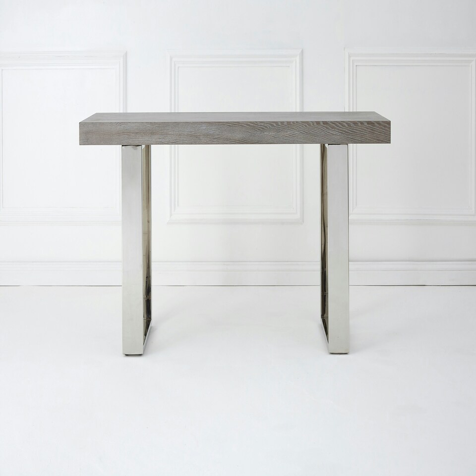 image 1 of Interiors by Premier Contemporary Grey Elm Wood Console Table, Luxe Natural Elm with Stainless Steel Legs, U-Shape Hallway Table Grey