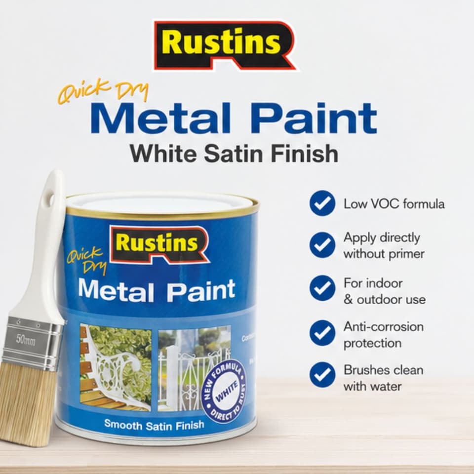 image 1 of Rustins Quick Drying Metal Paint Smooth Satin White 250ml
