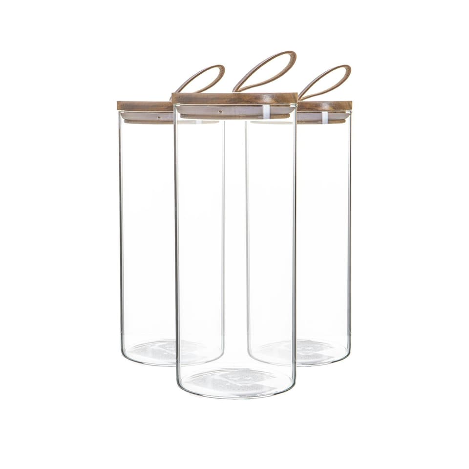 image 1 of Argon Tableware Glass Storage Jars with Wooden Lids - Leather Loop - 1.5 Litre - Pack of 3