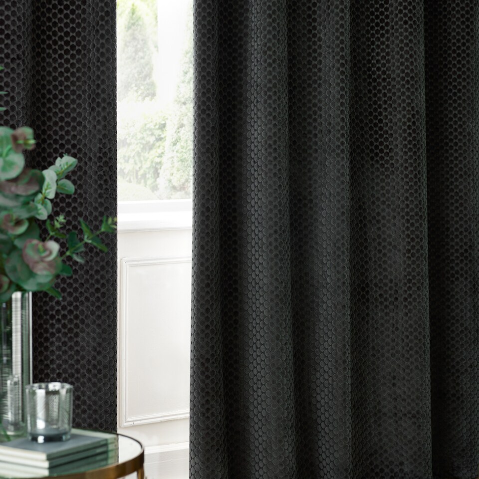 image 1 of Paoletti Neptune Fully Lined Velvet Eyelet Curtain Pair, 229cm width x 183cm drop | Grey | Charcoal | 1