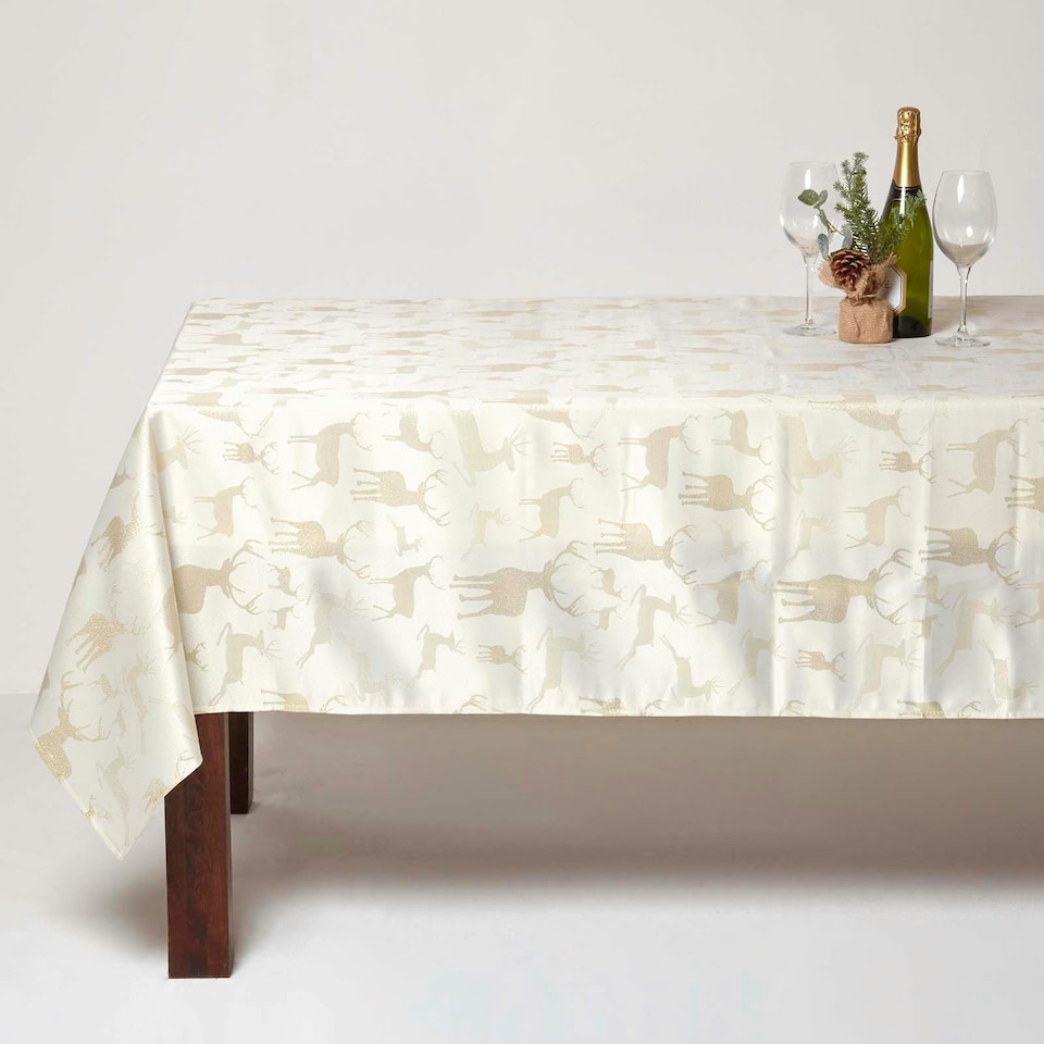 image 1 of Homescapes Gold Stag Christmas Table Cloth - 132 x 274 cm Gold
