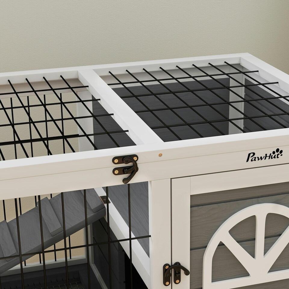 image 1 of PawHut Rabbit Hutch, Elevated Guinea Pig Cage w/ Openable Roof & Tray, Grey