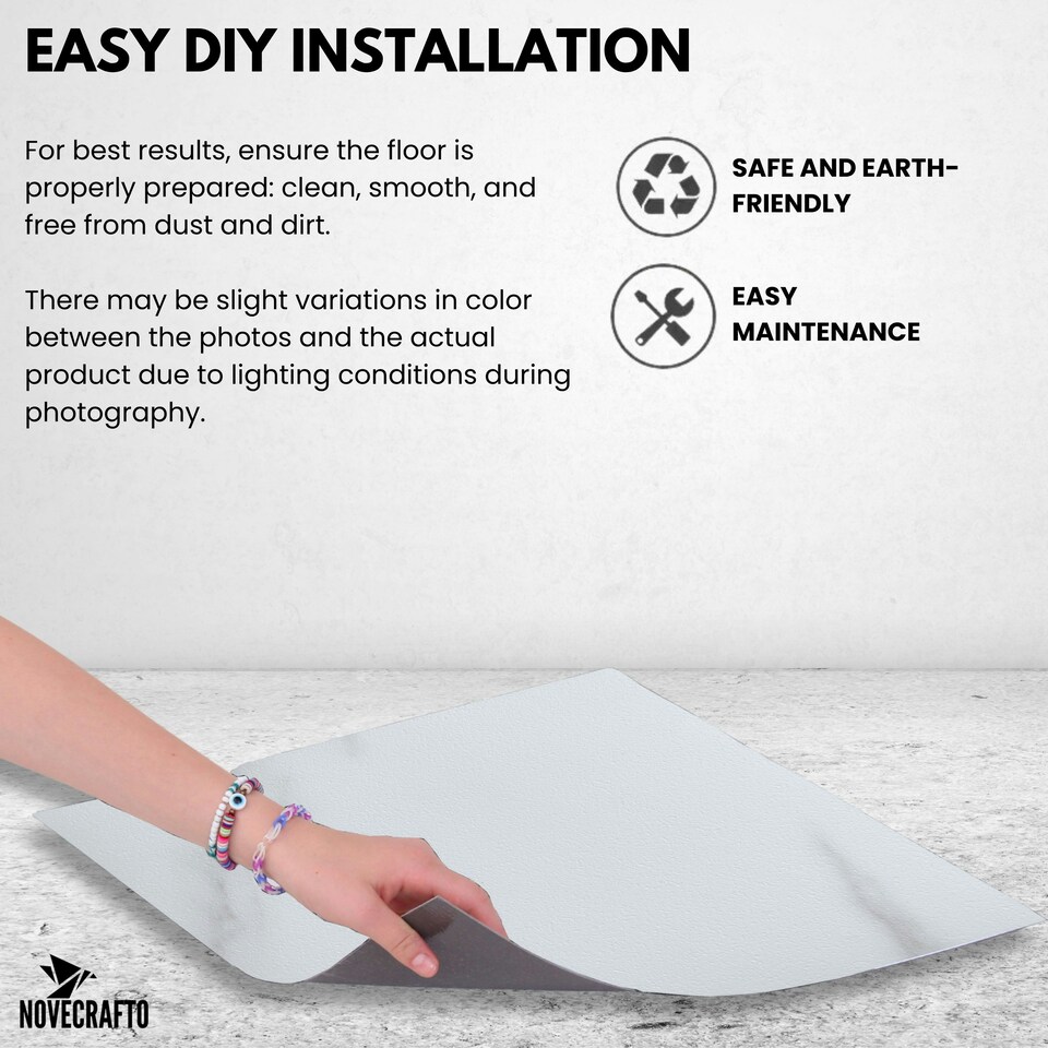 image 1 of NOVECRAFTO Vinyl Floor Tiles Self Adhesive – 18x18in Peel and Stick Waterproof Square Flooring for Kitchen, Bathroom & More – White Marble Design | White | 7.1 sqm