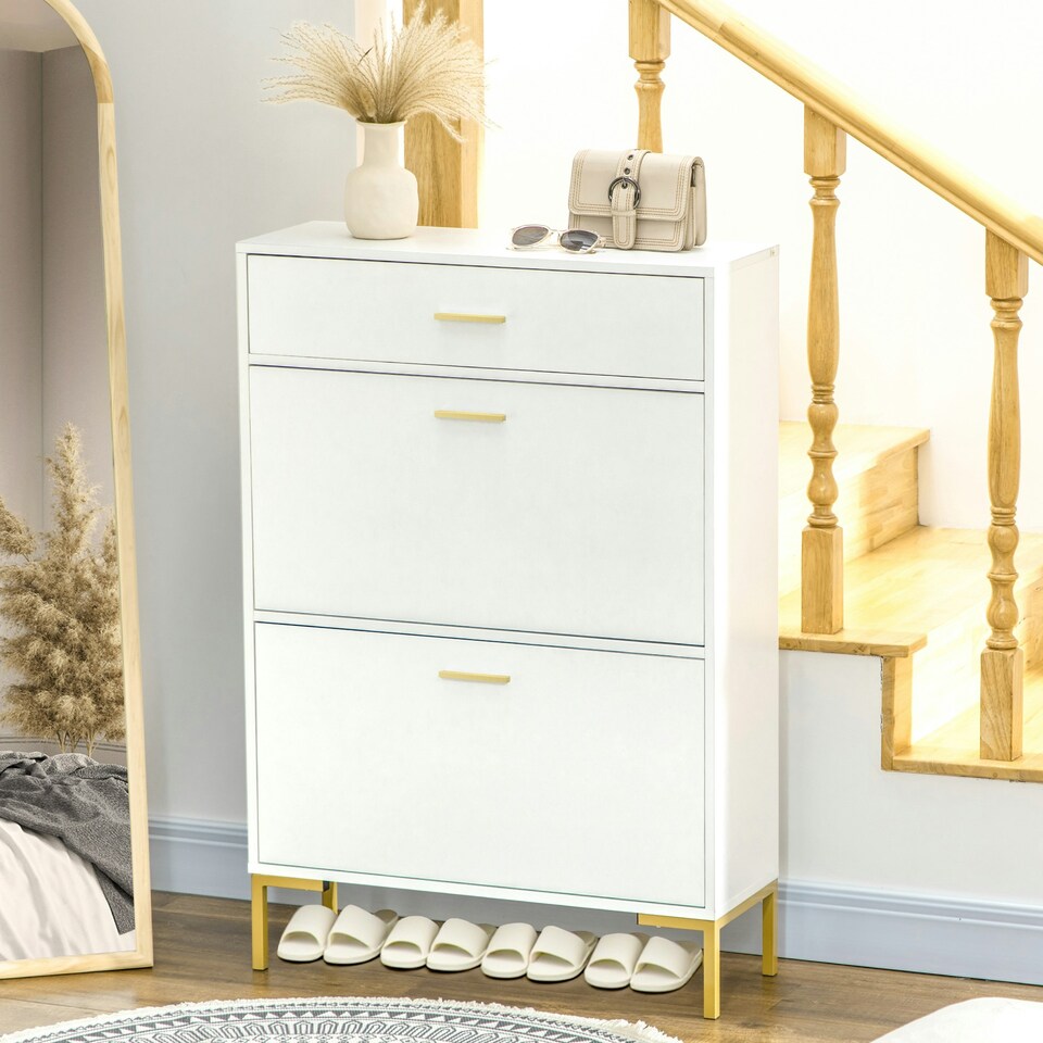 image 1 of HOMCOM Shoe Storage Cupboard with 2 Flip Doors and Sliding out Drawer, White