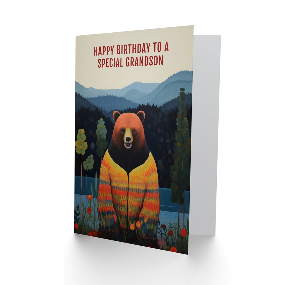 image 1 of Special Hipster Hippie Hippy Cardigan Bear Grandson Birthday Card