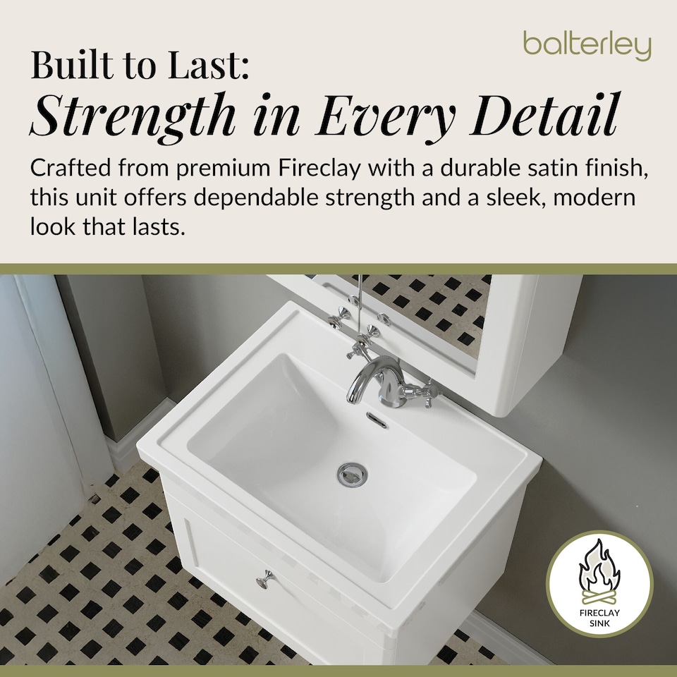 image 1 of Bathroom Wall Hung 1-Drawer Vanity Unit & Fireclay Basin, White, 600mm | White | Satin White | 471 x 631 x 496mm